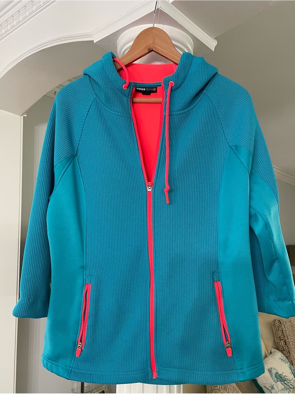 Swiss  Tech  . Youth waffle knit tech  fleece Hooded Jacket. Blue and Neon pink.